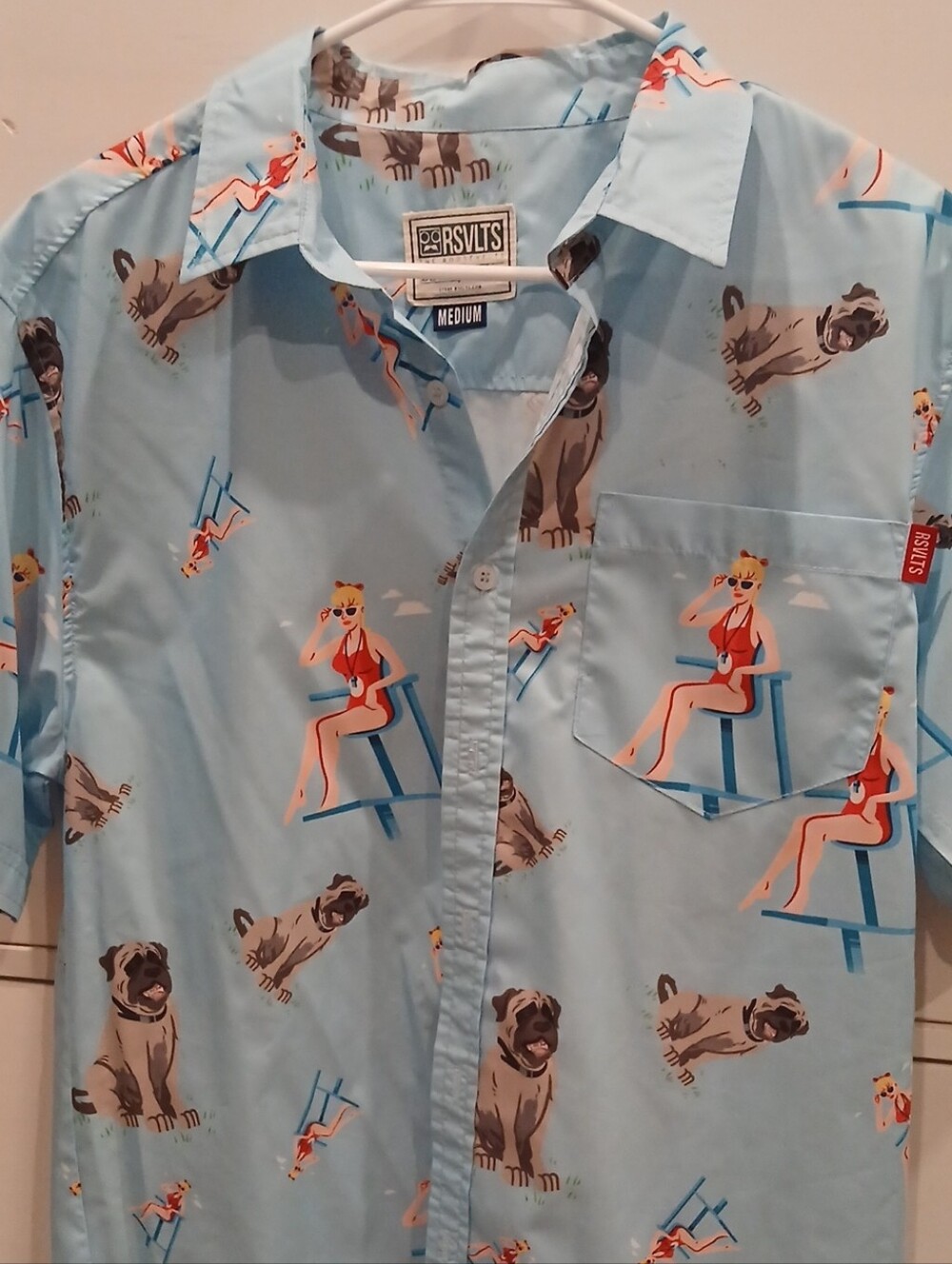 RSVLTS Light Blue Lifeguard & Pug Print Short-Sleeve Camp Shirt